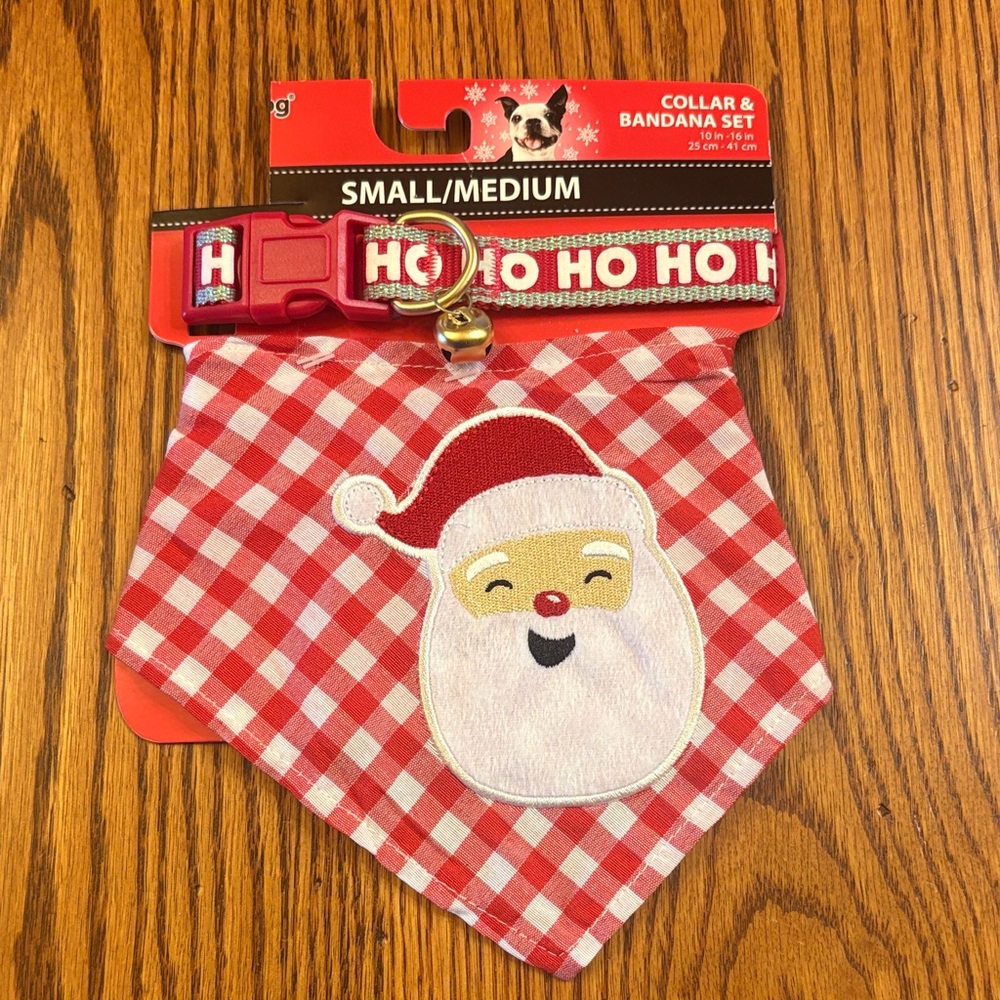NWT Simply Dog Christmas Santa Checkered Collar & Bandana Set Size Small/Medium